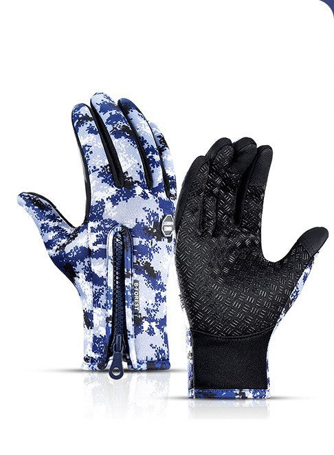 Sheluxe warm sports gloves for men and women with blue camo design and textured grip palm