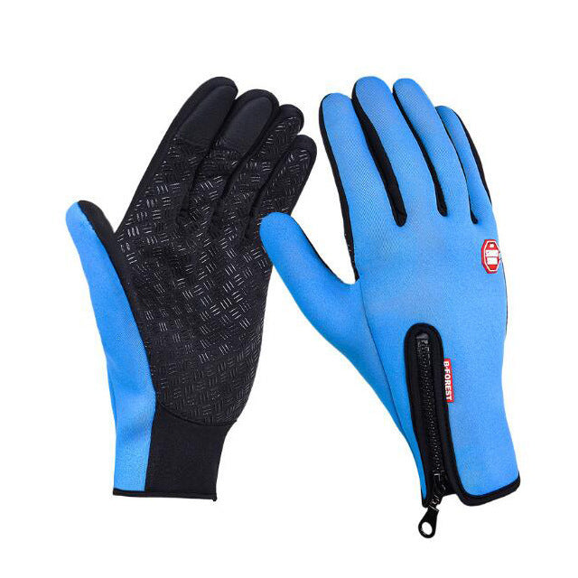 Sheluxe blue and black warm sports gloves for men and women with zipper and non-slip grip