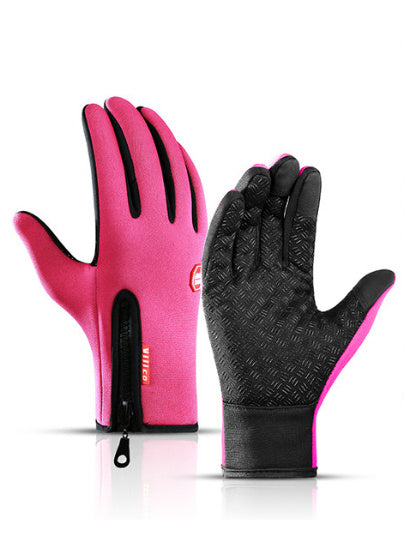 Sheluxe warm sports gloves for men and women in pink and black with zipper and textured grip