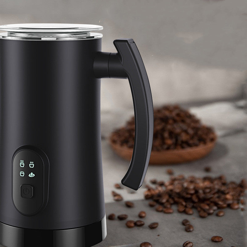 Nutritea black hot and cold milk foamer with digital control panel and ergonomic handle near coffee beans