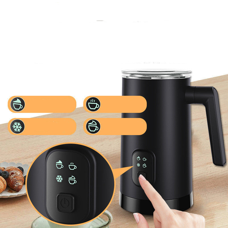Nutritea black hot and cold milk foamer with touch control buttons on wooden table