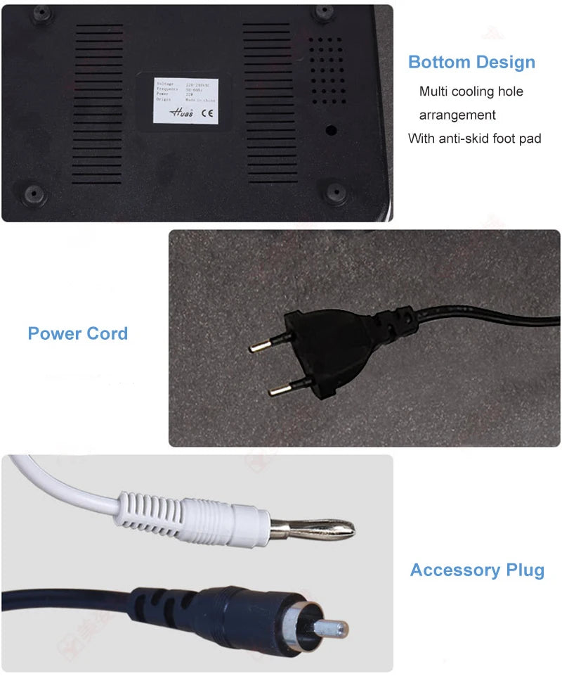 Bottom view and power cords of Sheluxe high frequency skin tightening machine showing cooling holes and accessory plugs