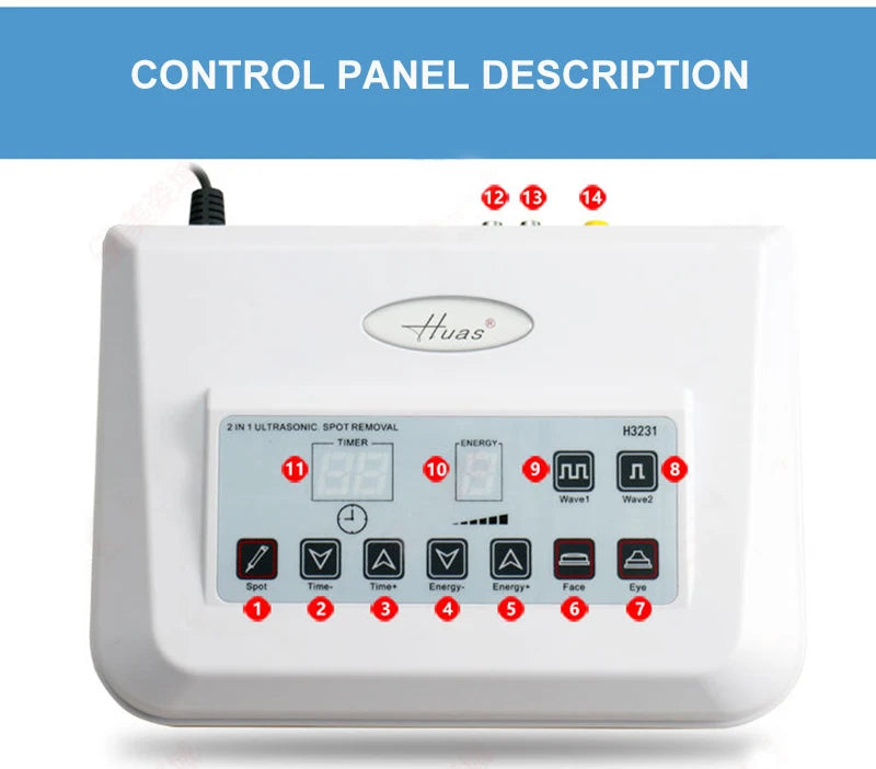 Sheluxe high frequency skin tightening machine control panel with multiple settings and timer display