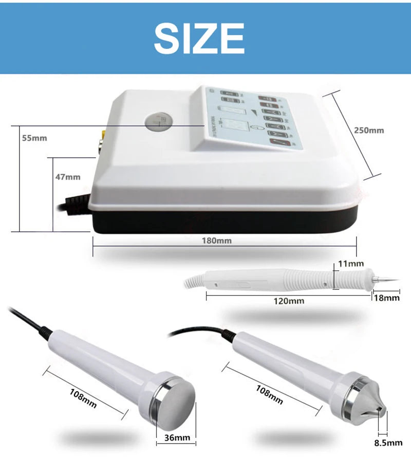 Sheluxe high frequency skin tightening machine with control unit and two handheld probes showing size dimensions