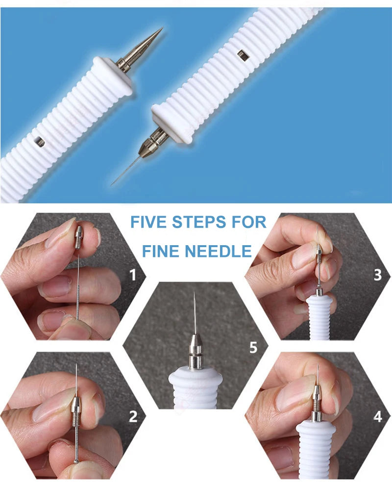 Sheluxe high frequency skin tightening machine fine needle installation steps with close-up hands and needle parts