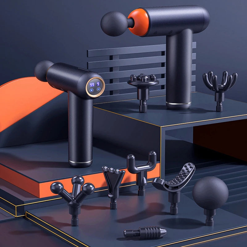 Sheluxe massage gun for back and leg pain relief with multiple massage heads in black and orange