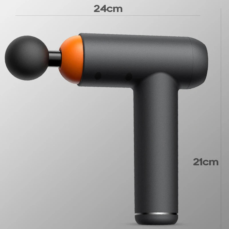Sheluxe massage gun for back and leg pain relief in black with orange accent and spherical massage head