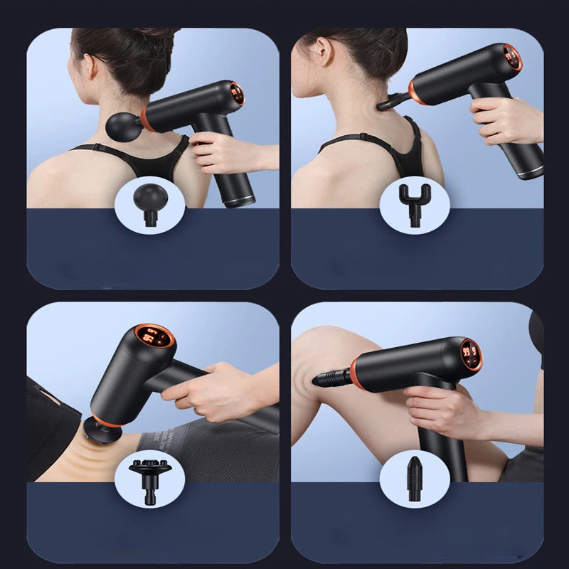 Sheluxe massage gun for back and leg pain relief with four interchangeable heads for targeted muscle therapy