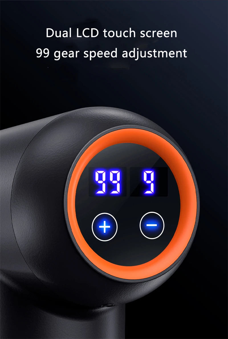 Sheluxe massage gun for back and leg pain relief with dual LCD touch screen and 99 gear speed adjustment