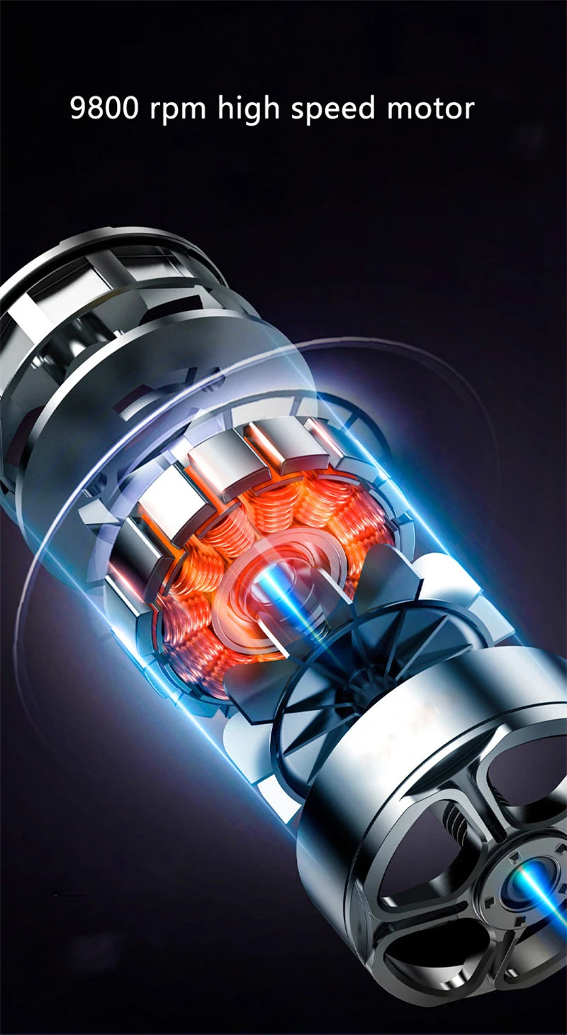 Sheluxe massage gun motor close-up showing 9800 rpm high speed motor for back and leg pain relief