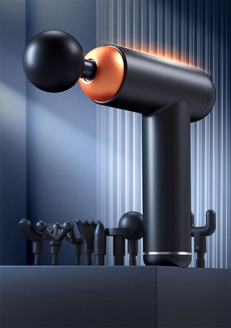 Sheluxe massage gun for back and leg pain relief with multiple interchangeable heads in black and copper