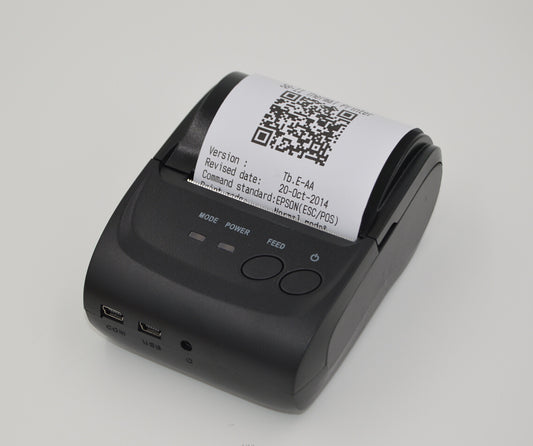Sheluxe portable bluetooth printer in black with paper roll printing QR code and document text