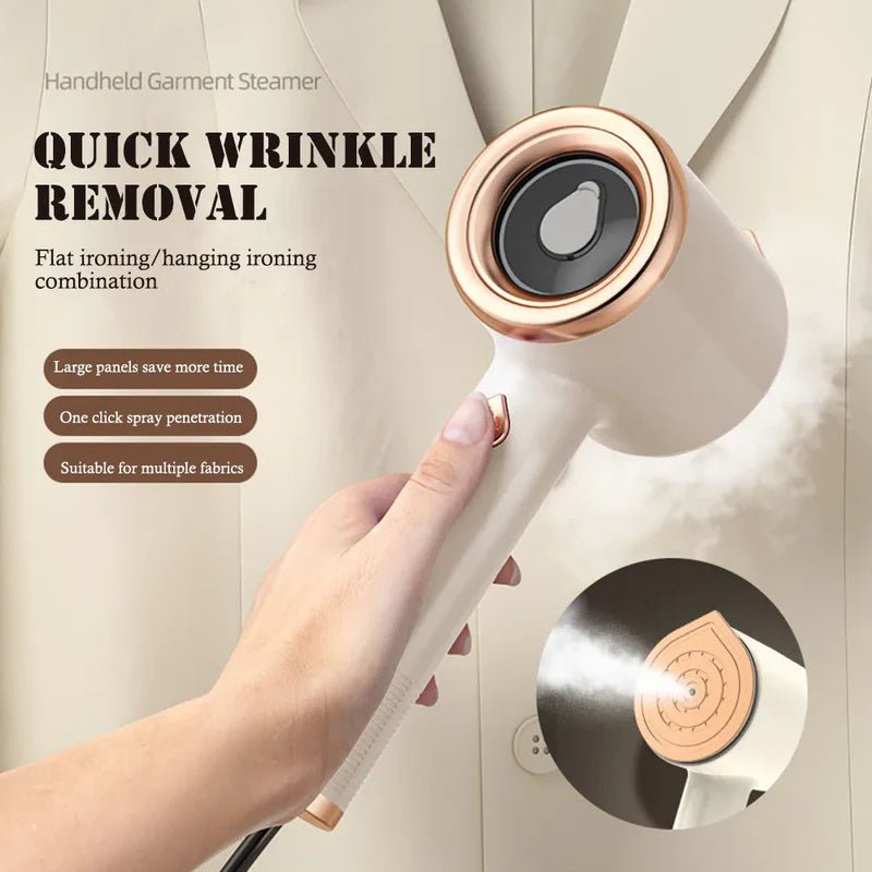 Nutritea portable garment steamer for travel in white and rose gold with quick wrinkle removal feature
