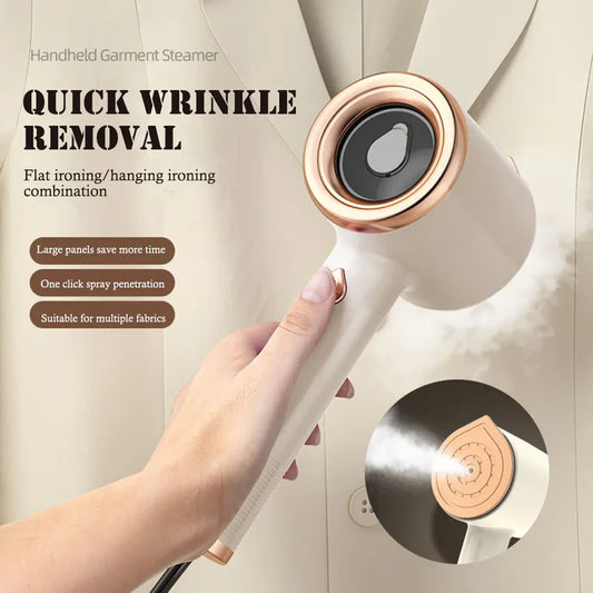 Nutritea portable garment steamer for travel in white and rose gold with quick wrinkle removal feature