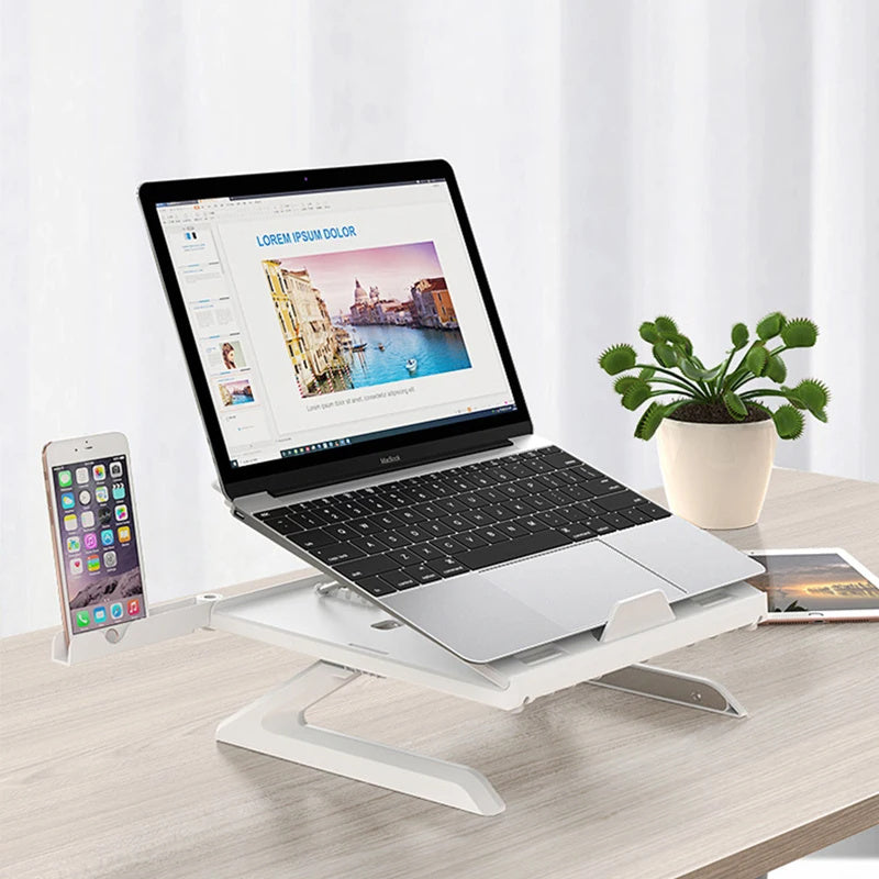 Sheluxe portable laptop stand adjustable white with phone holder supporting open laptop on desk