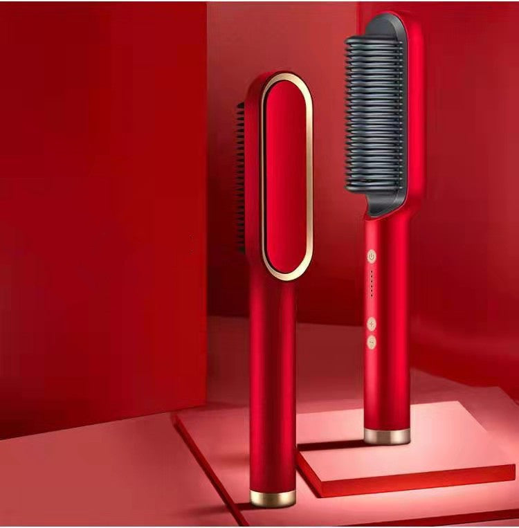 Sheluxe 2 in 1 hair straightener and curler in sleek red with black bristles and gold accents