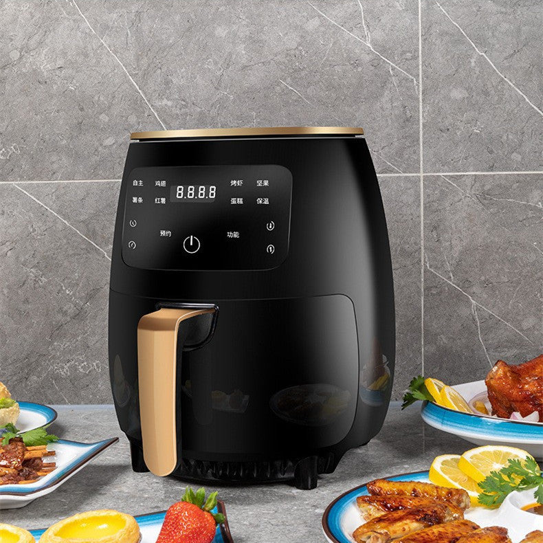 Nutritea black and gold oil free air fryer for kitchen with digital touchscreen and food on plates