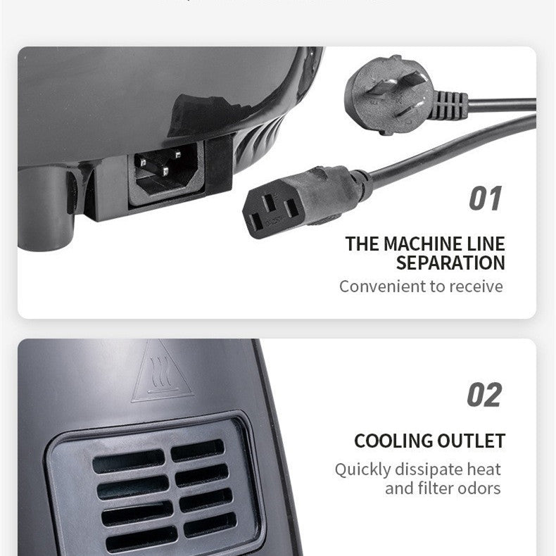 Nutritea oil free air fryer for kitchen showing machine line separation and cooling outlet