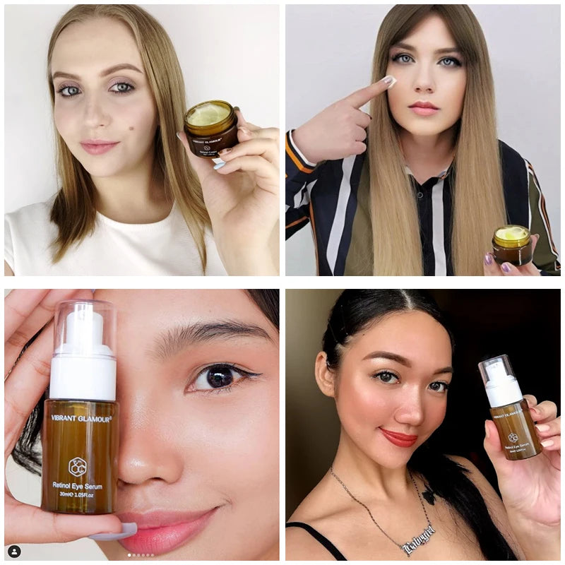 Collage of women using Sheluxe Vibrant Glamour facial care duo including cream and Retinol Eye Serum