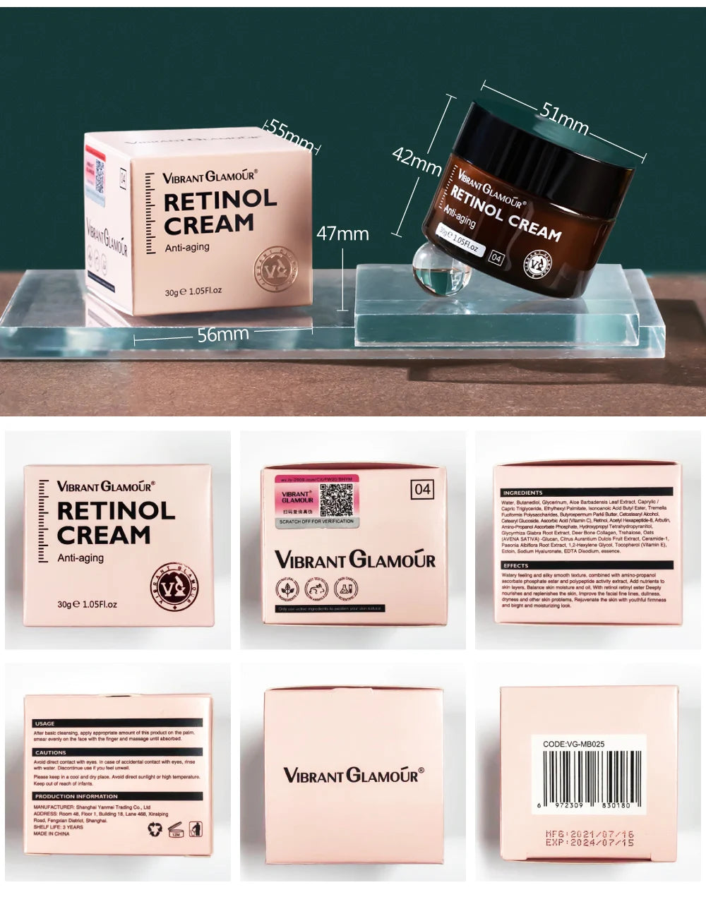 Vibrant Glamour facial care duo Retinol Cream with packaging and product measurements