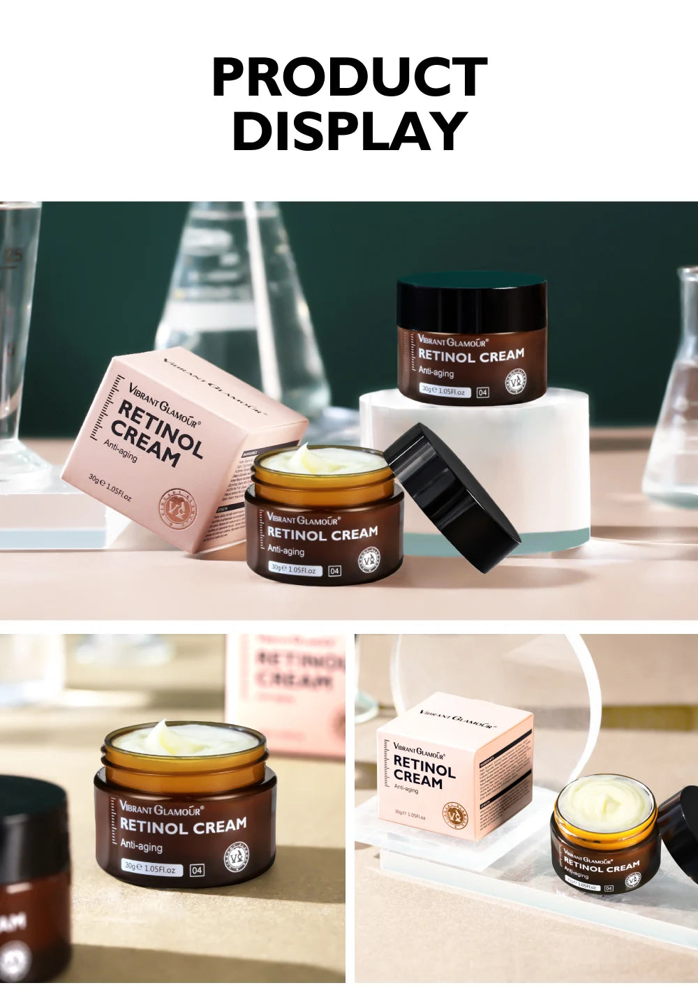 Sheluxe Vibrant Glamour facial care duo retinol cream jars and packaging displayed on white stands