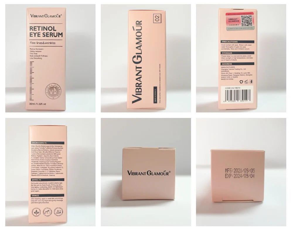 Vibrant Glamour facial care duo Retinol Eye Serum packaging with detailed product information and expiry dates
