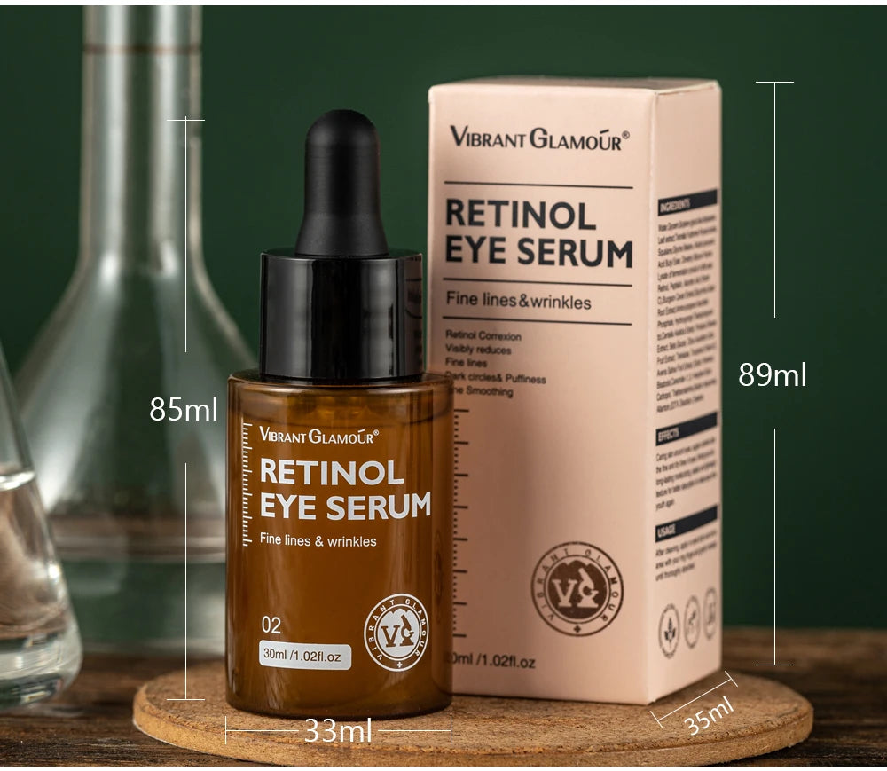 Vibrant Glamour facial care duo Retinol Eye Serum bottle and box on wooden coaster