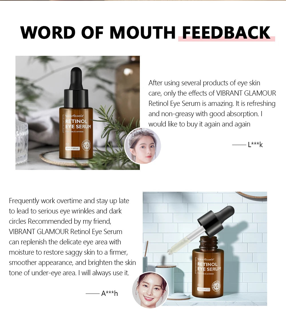 Vibrant Glamour facial care duo Retinol Eye Serum in amber dropper bottle with skincare reviews