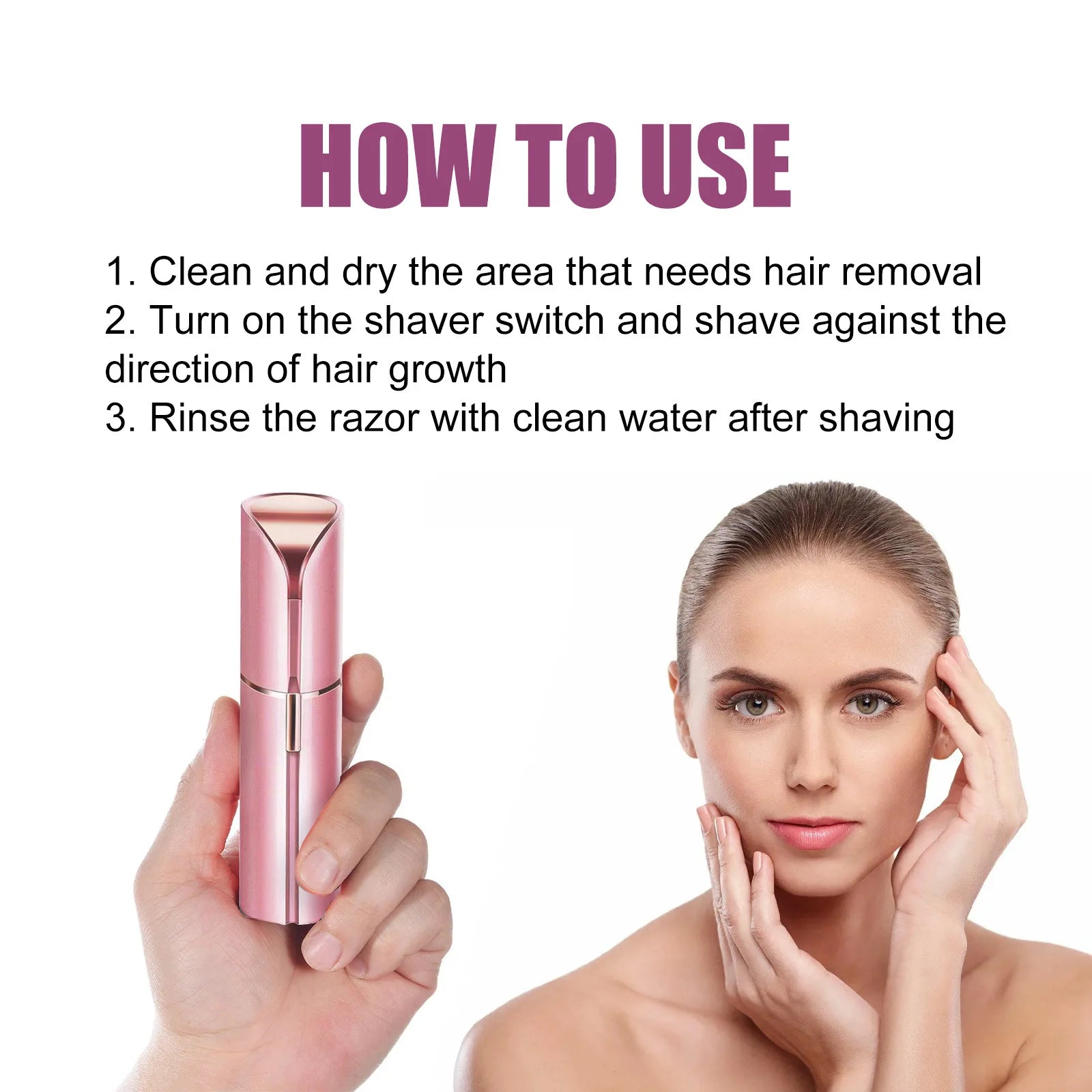 Women's electric razor for face in rose gold held in hand with usage instructions and model showing smooth skin